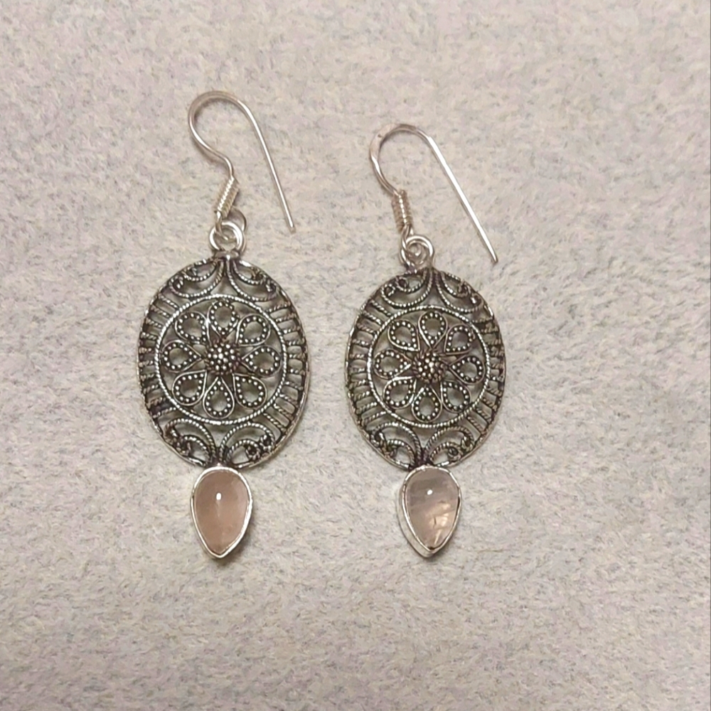 Vintage Style Rose Quartz Dangle Earrings